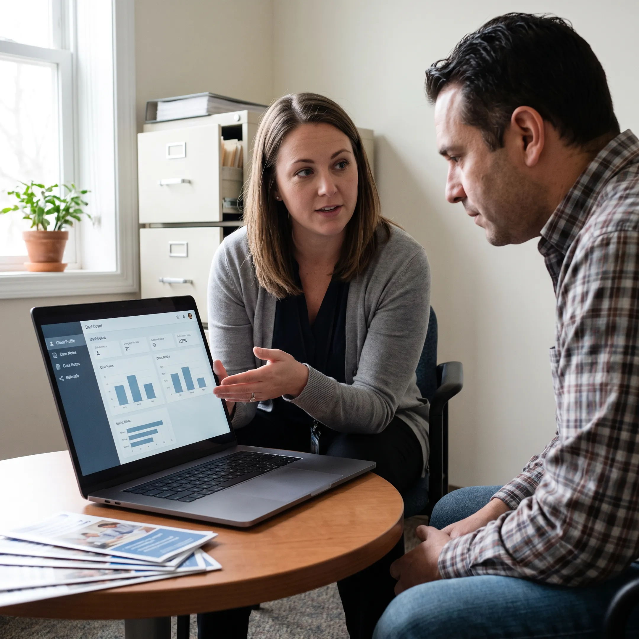 Community health worker using case management software with a client