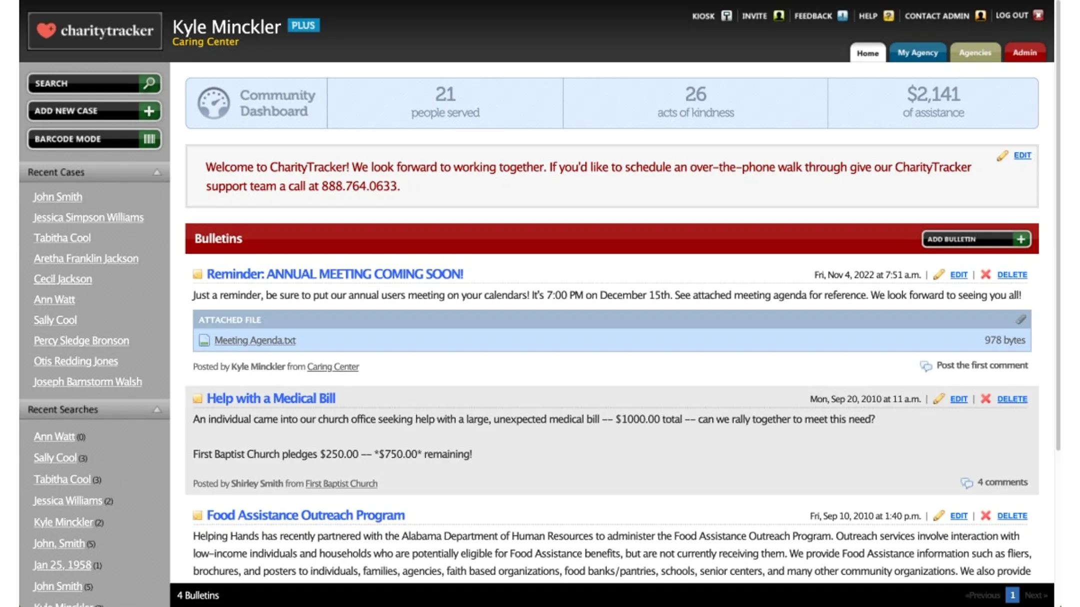 CharityTracker case management dashboard displaying client assistance history records
