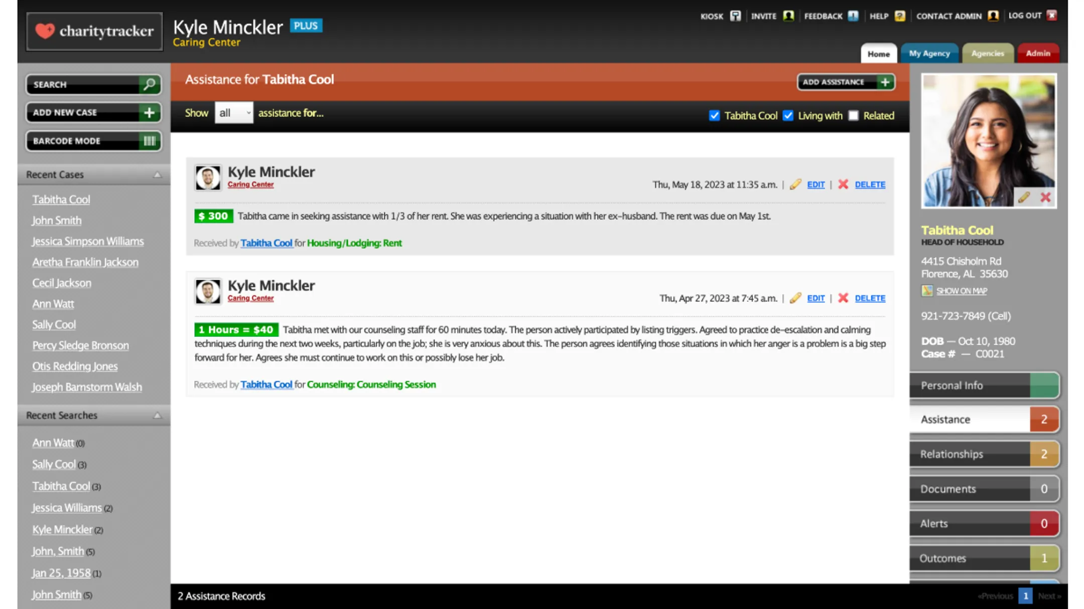 CharityTracker case management dashboard showing client intake and referral history
