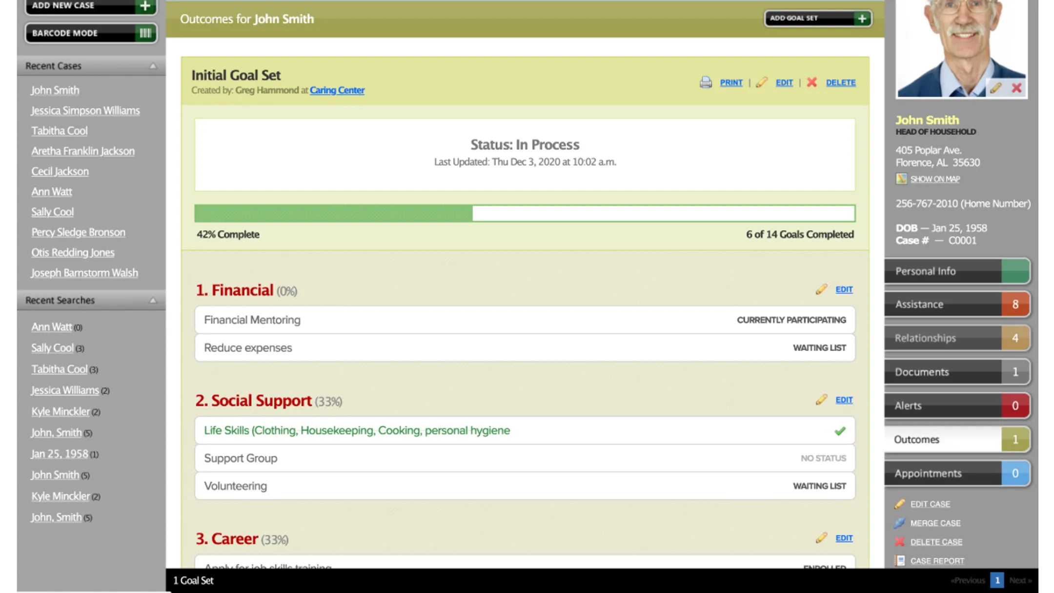 Case management software dashboard displaying program analytics and client data