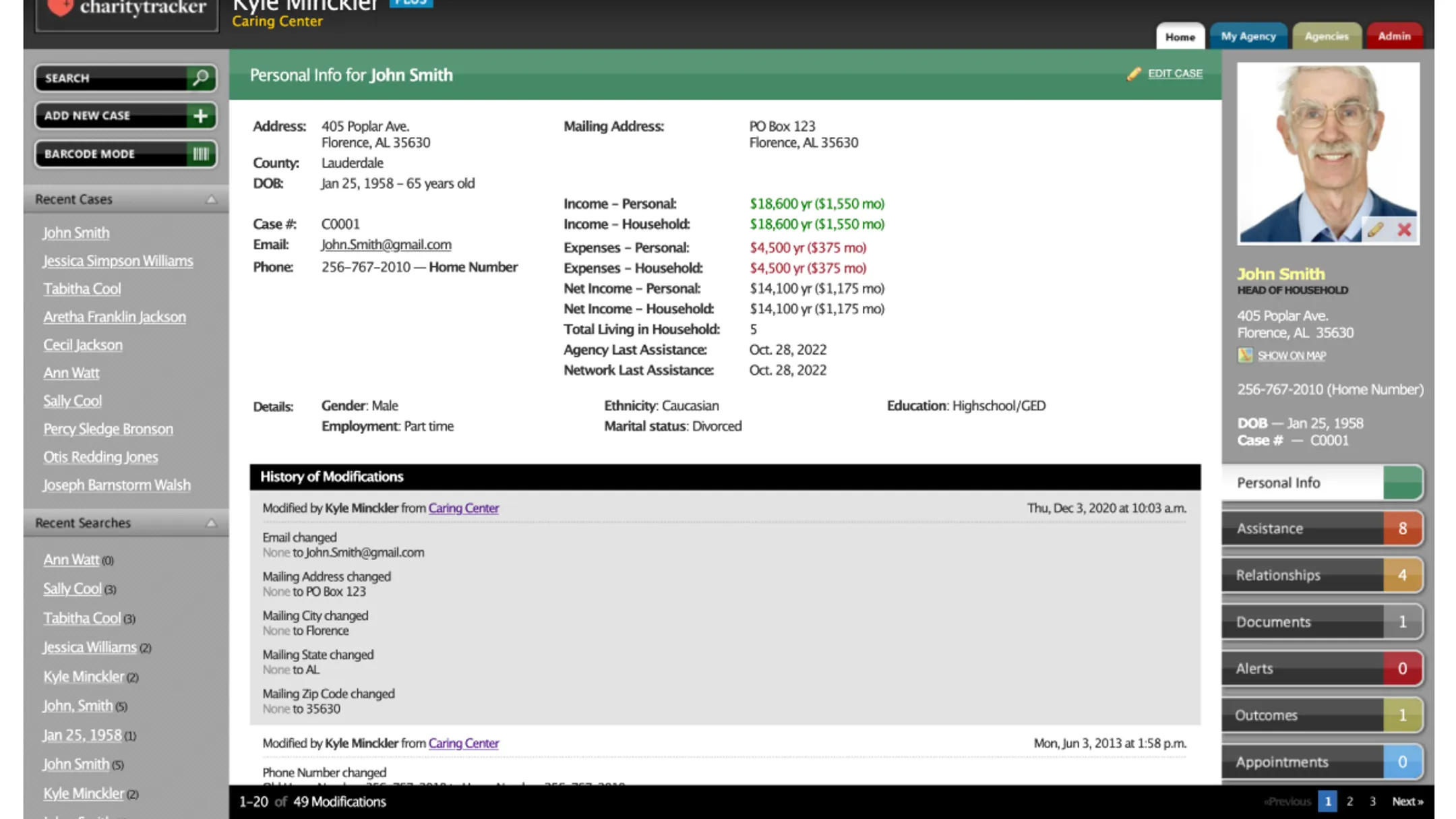 CharityTracker case management dashboard showing client intake and referral tracking