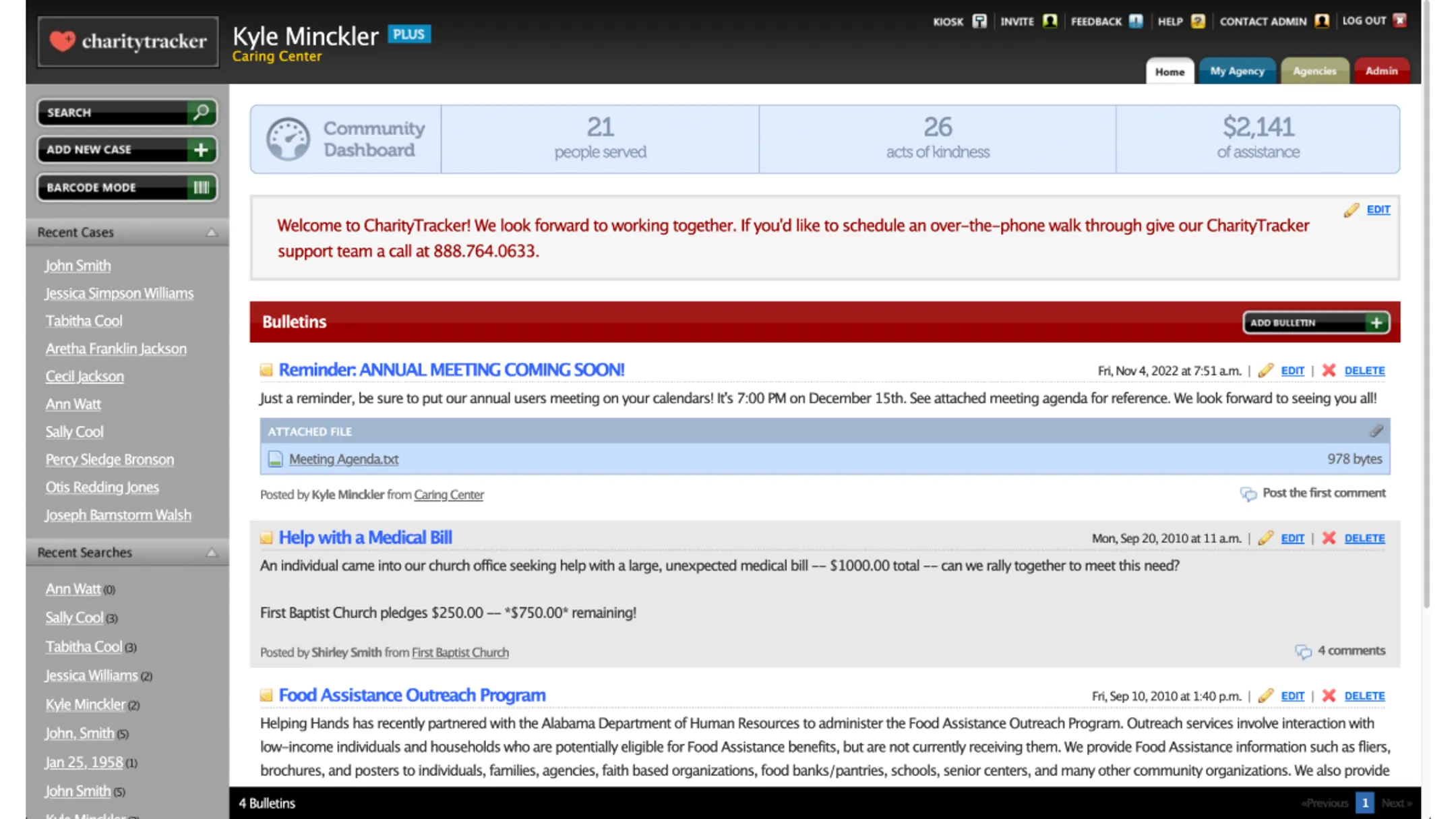 CharityTracker case management dashboard showing client records and referral network