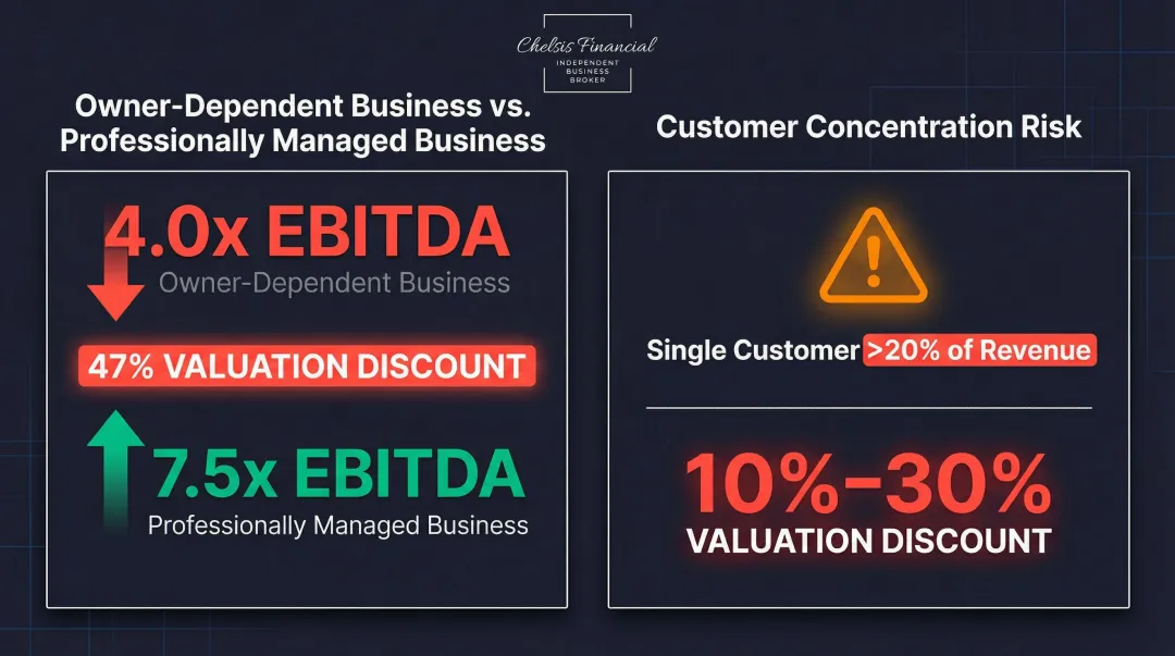 Owner dependence and customer concentration valuation discount impact infographic