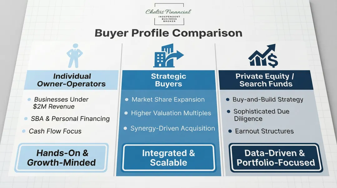 Three service business buyer types comparison individual operators strategic buyers private equity