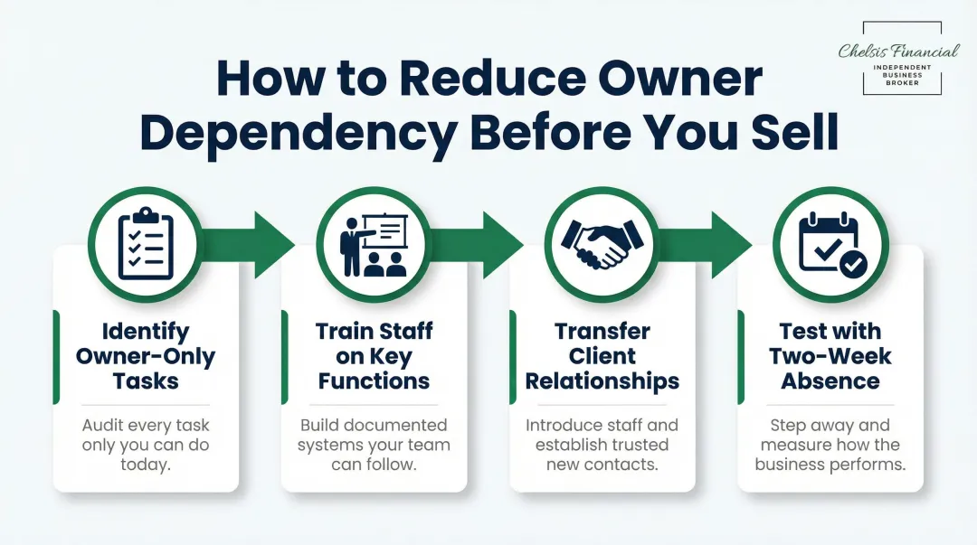 Four-step owner dependency reduction process for service business sale preparation
