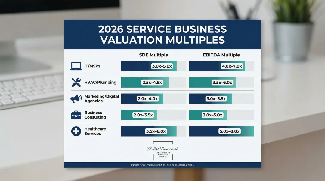Service business sector valuation multiples comparison chart SDE and EBITDA ranges