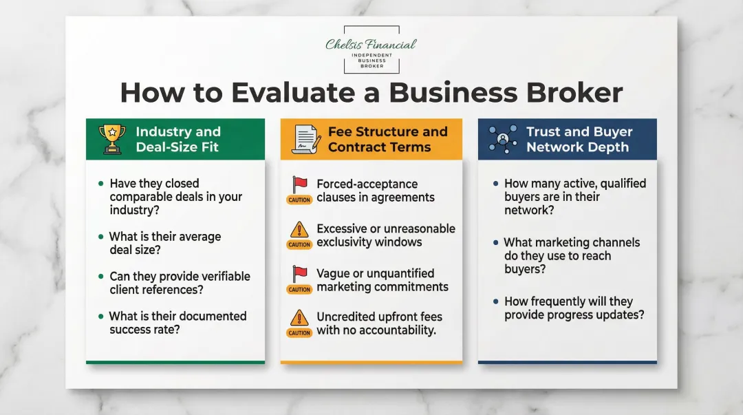 Three-criteria business broker evaluation checklist for selecting the right broker