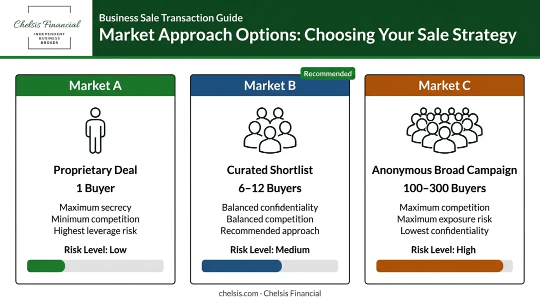 Three market approaches for confidential business sale comparing buyer pool size and risk