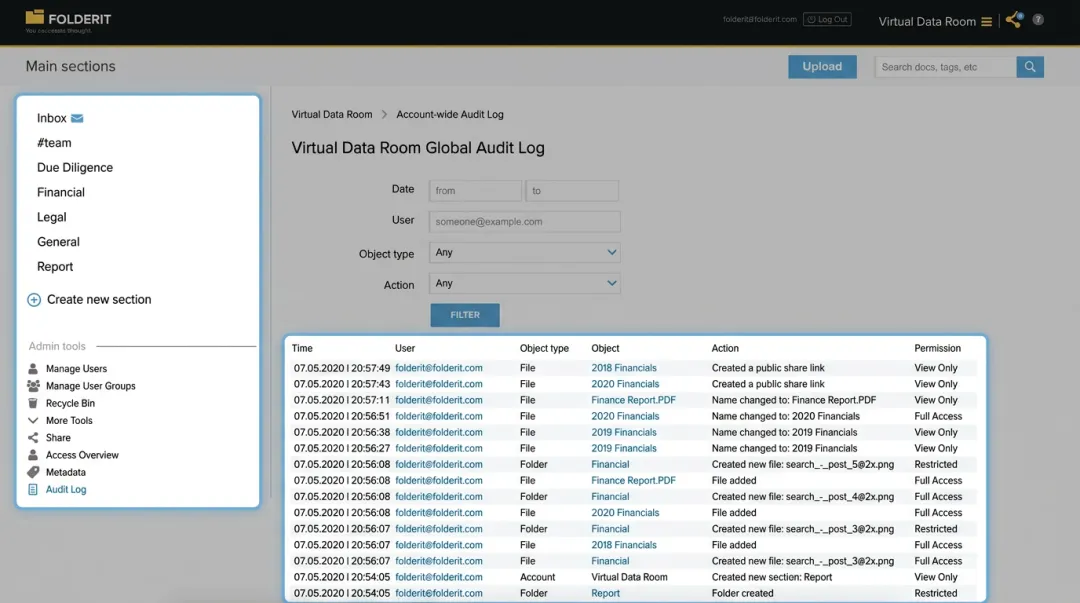 Virtual data room interface displaying secure document access and audit trail