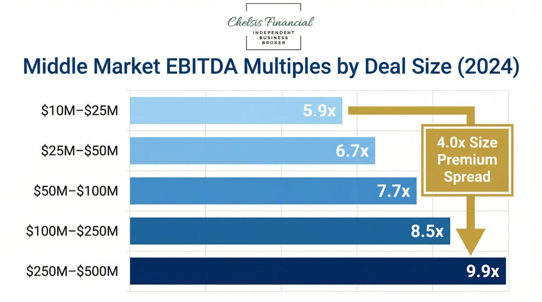 Middle market EBITDA valuation multiples by enterprise value range 2024