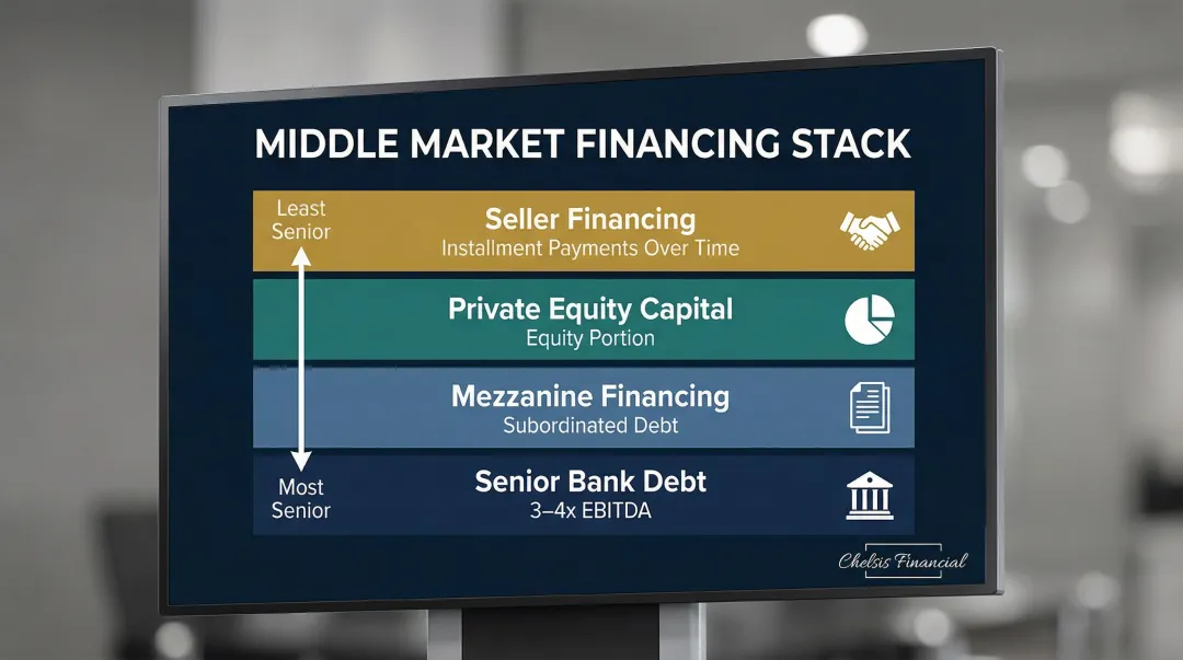 Middle market deal financing stack with four layered capital sources