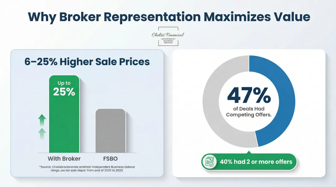 Broker-represented sale benefits comparison showing price premium and competing offer statistics