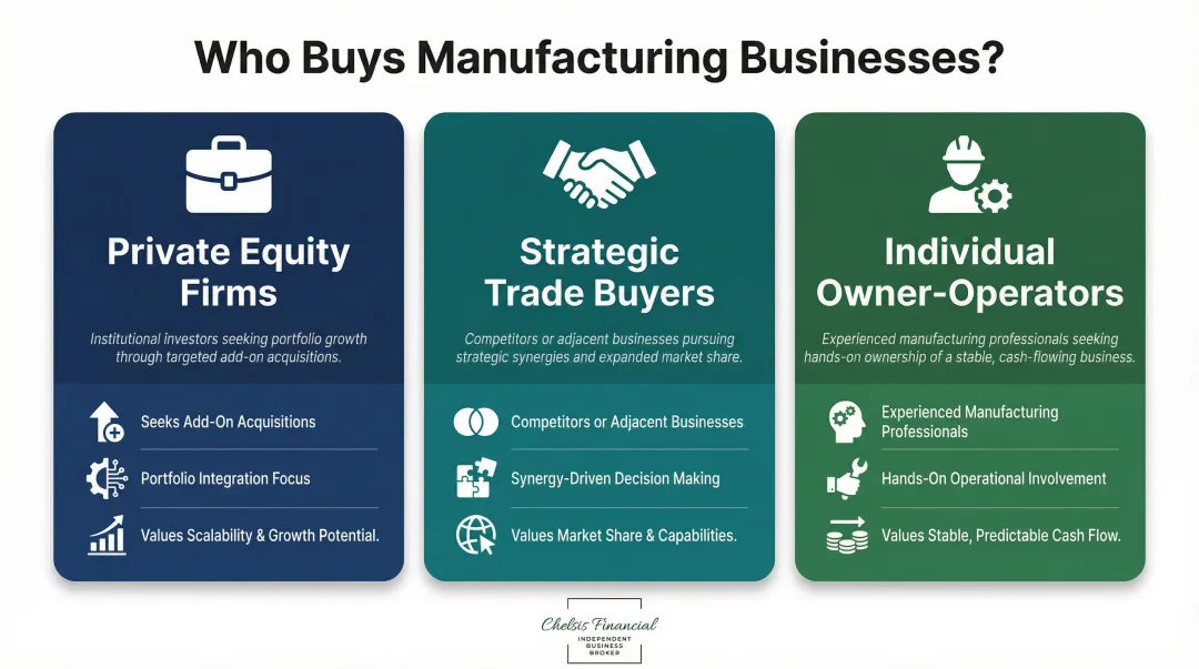 Three manufacturing business buyer types private equity strategic and individual compared