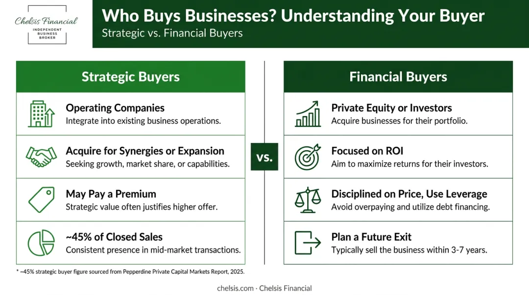 Strategic buyers versus financial buyers side-by-side comparison for business sellers