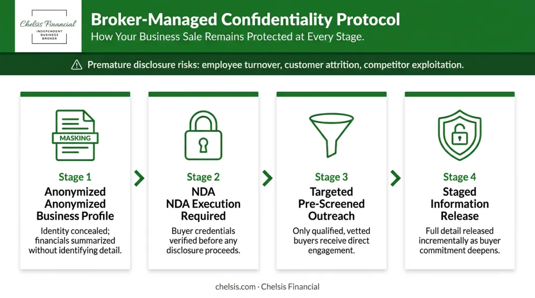 4-step broker confidentiality process protecting business sale from premature disclosure