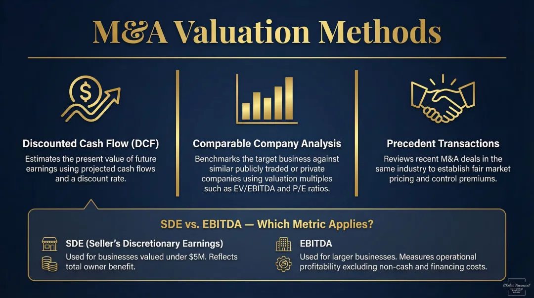 Three M&A business valuation methods DCF comparable transactions and precedent deals explained