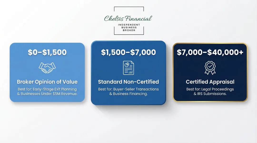 Business valuation cost comparison table across three pricing tiers