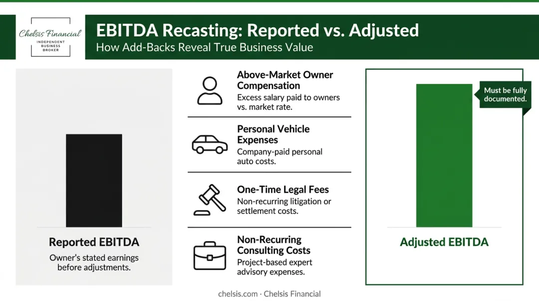 Business financial recast add-back process showing reported versus adjusted EBITDA difference
