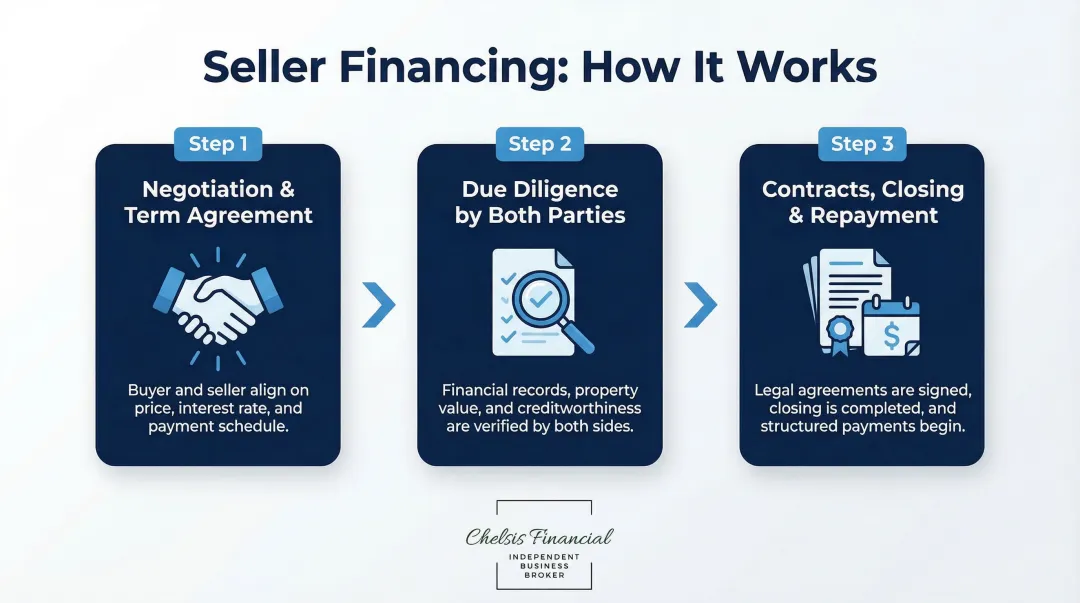 3-step seller financing process from negotiation to repayment completion