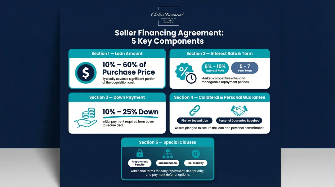 Seller financing agreement key terms structure breakdown with loan amount rates and clauses