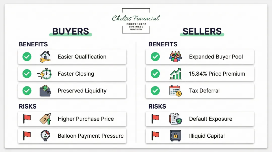 Seller financing pros and cons comparison for buyers versus sellers side-by-side