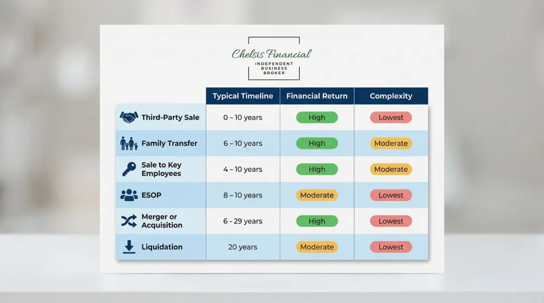 Six business exit strategies comparison chart with timeline financial return and complexity