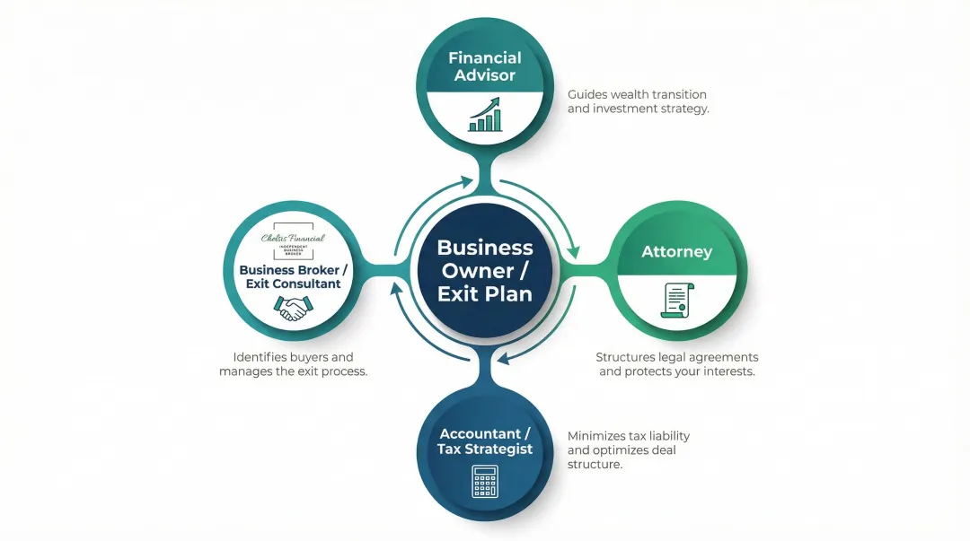 Four-role business exit planning advisory team structure and responsibilities diagram