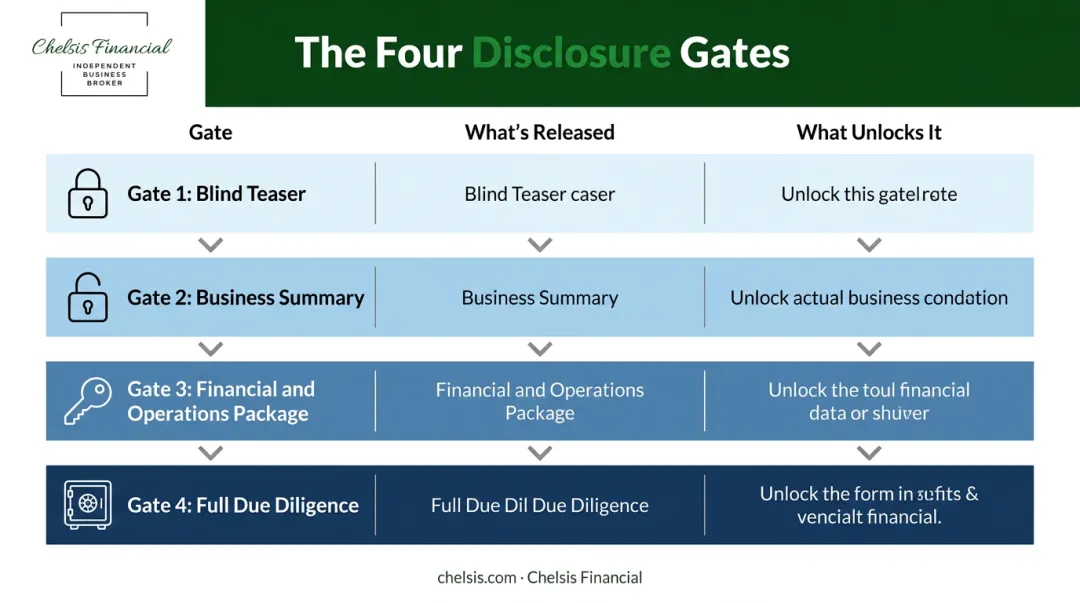 Four-stage M&A disclosure gate process from blind teaser to full due diligence
