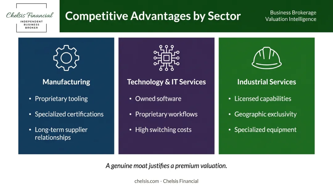Defensible competitive advantages by industry sector for business valuation purposes