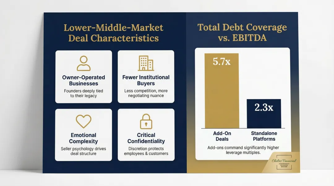 Lower-middle-market M&A deal characteristics and private equity leverage comparison infographic