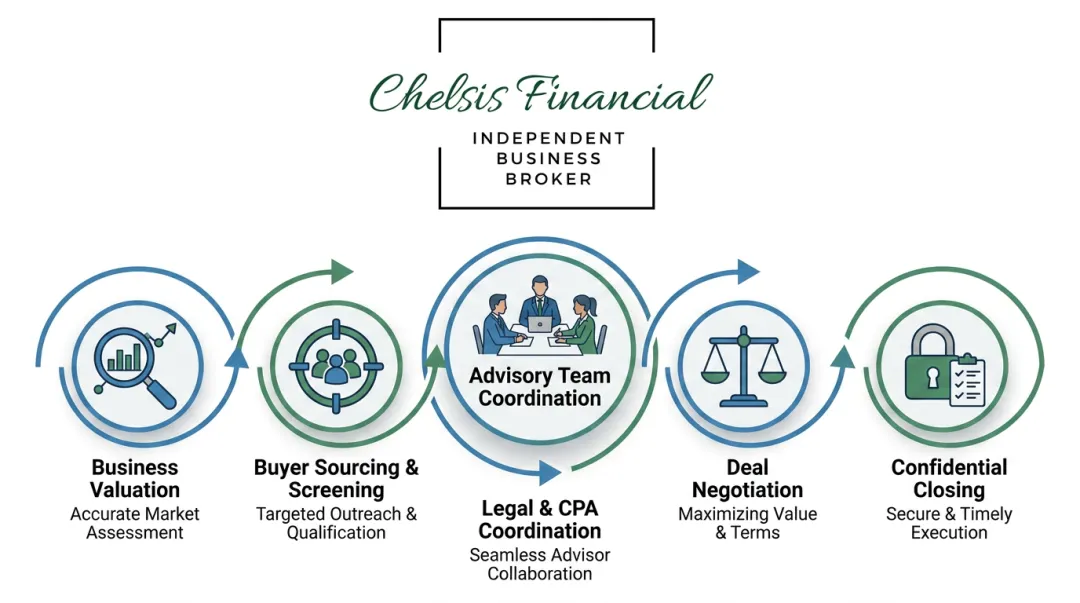 Business broker advisory team coordinating transaction stages from valuation to closing