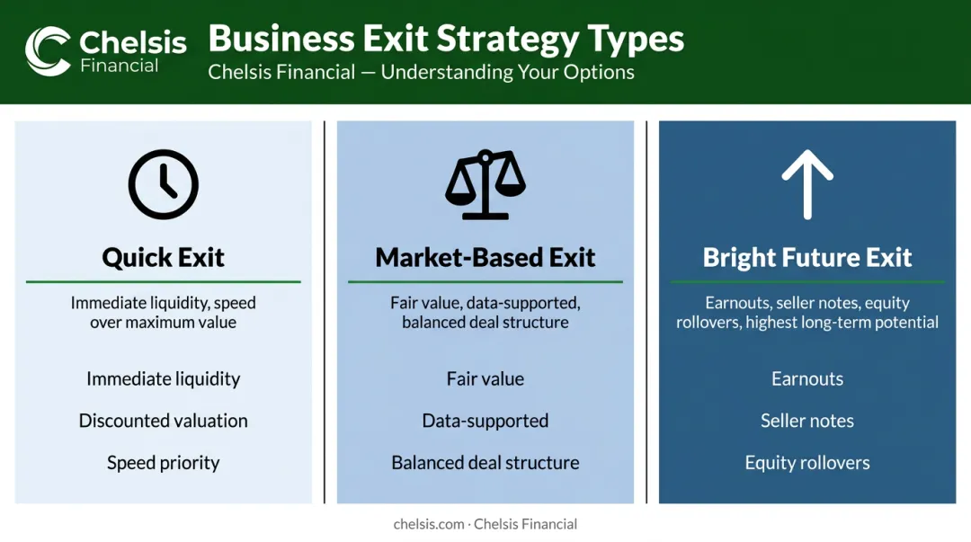 Three business exit strategy types from quick sale to bright future earnout