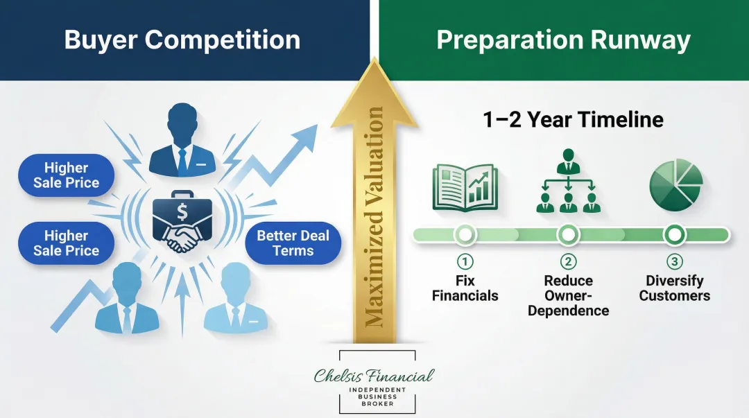 Two key business sale timing factors buyer competition and preparation runway