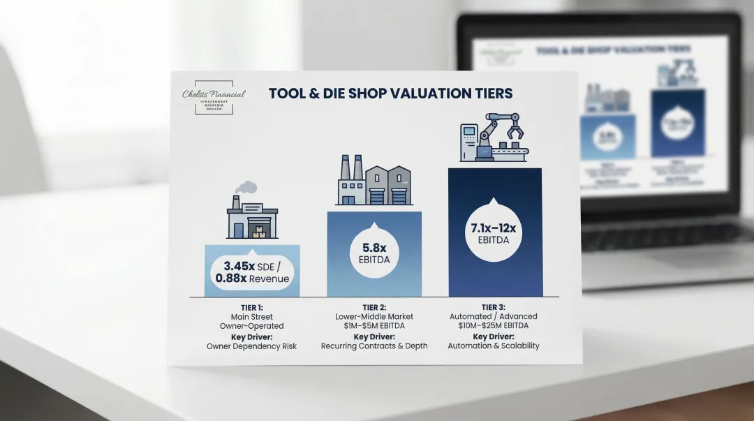 Tool and die shop EBITDA valuation multiples comparison by business size and automation level