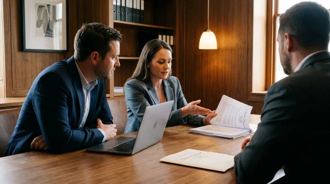 Business owner and advisor reviewing confidential sale documents at conference table