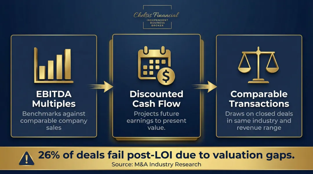 Three business valuation methods EBITDA multiples discounted cash flow comparable transactions explained