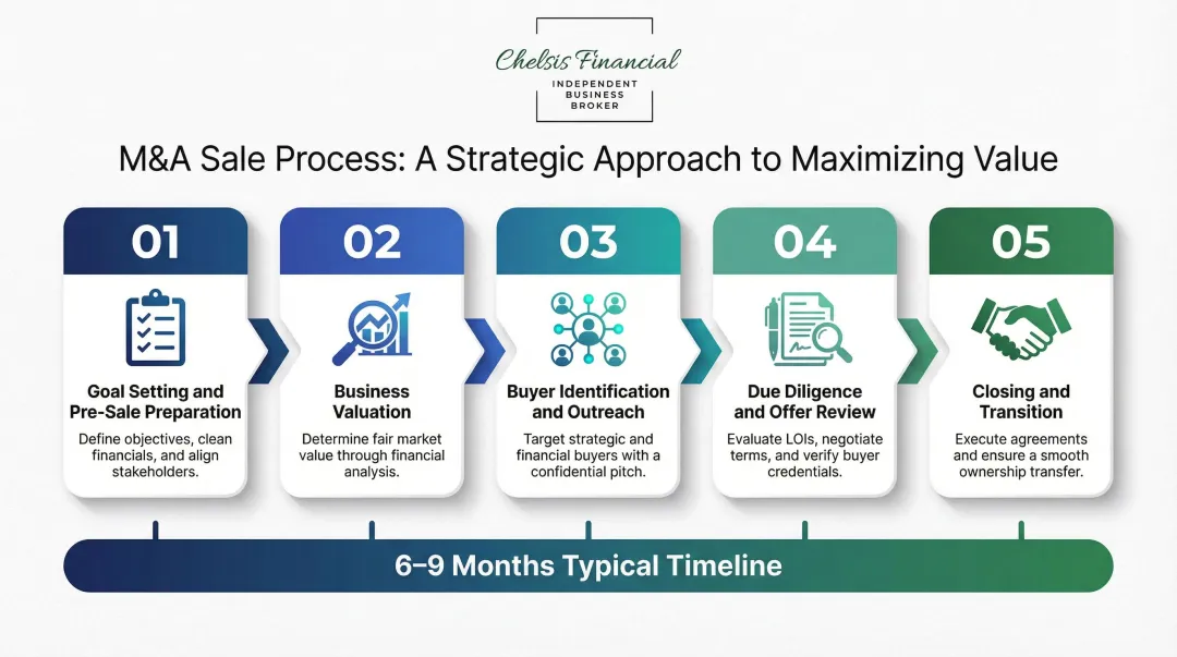 Five-step M&A business sale process from goal setting to closing and transition timeline