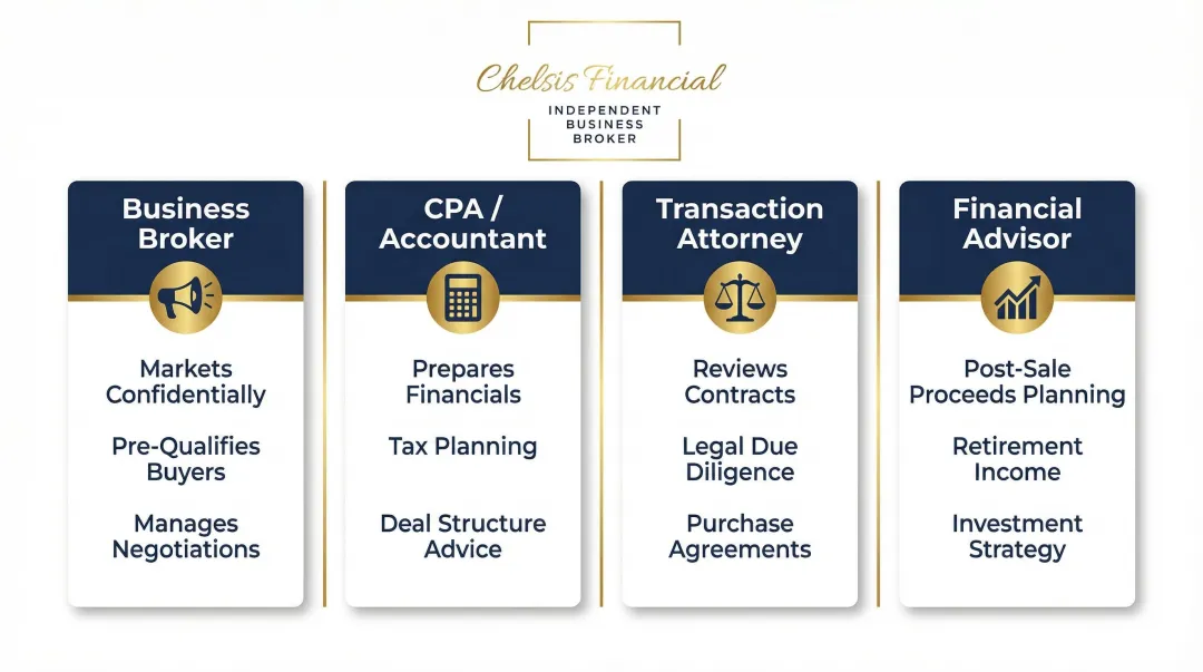 Four-advisor business sale team roles and responsibilities comparison chart