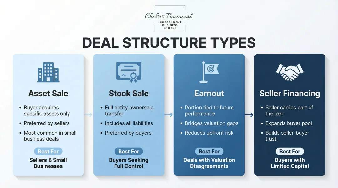 Four business sale deal structure types asset stock earnout seller financing comparison