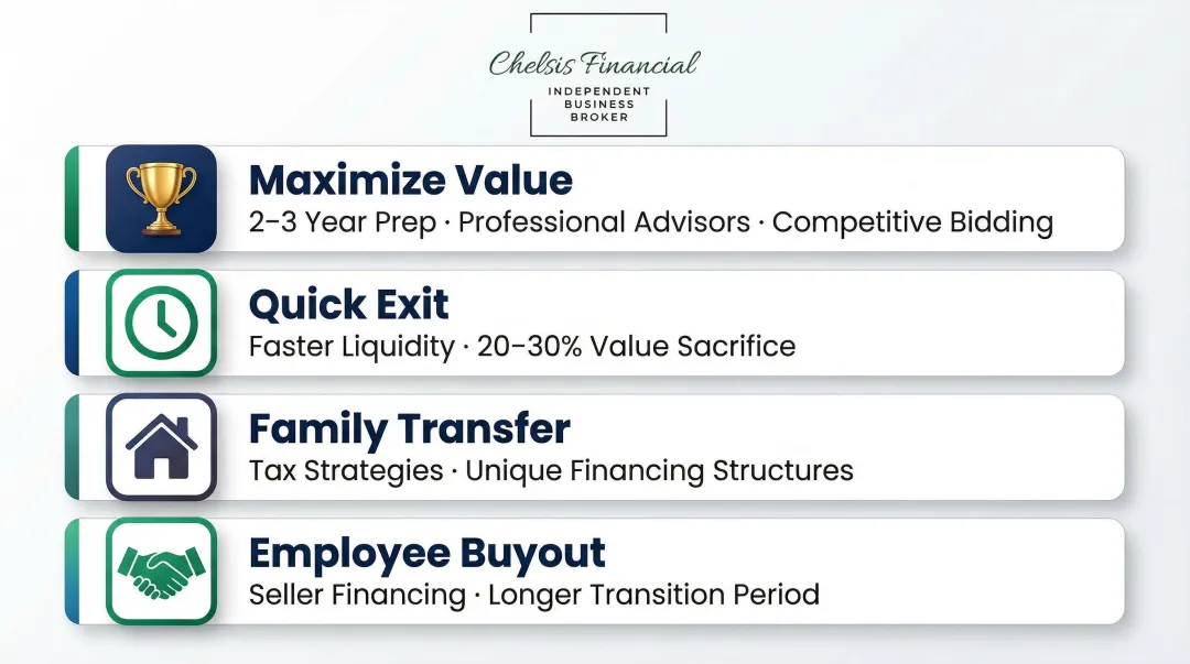 Four business exit strategy options comparison with outcomes and timelines