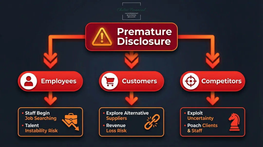 Three consequences of premature business sale confidentiality breach infographic