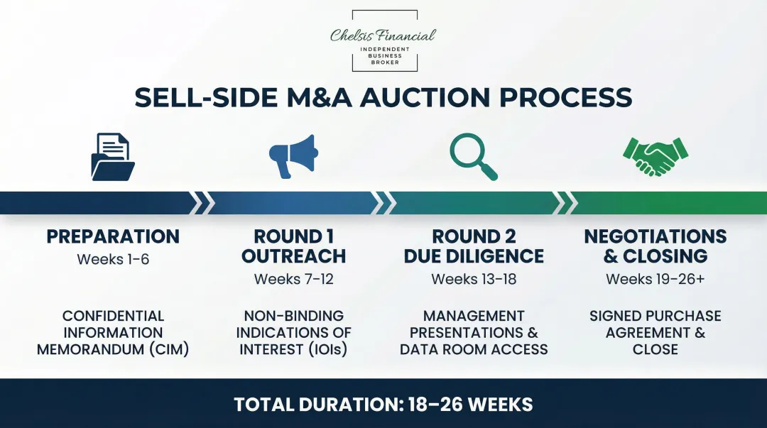 Four-stage sell-side M&A auction timeline from preparation to closing in weeks
