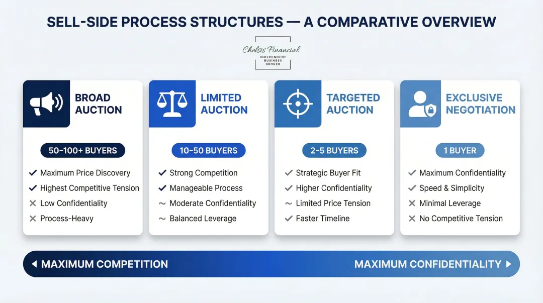 Four sell-side M&A auction types spectrum from broad to exclusive negotiation