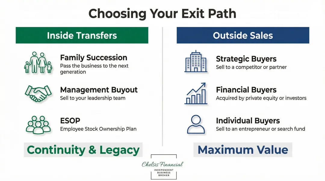 Inside transfer versus outside sale business succession exit path comparison chart