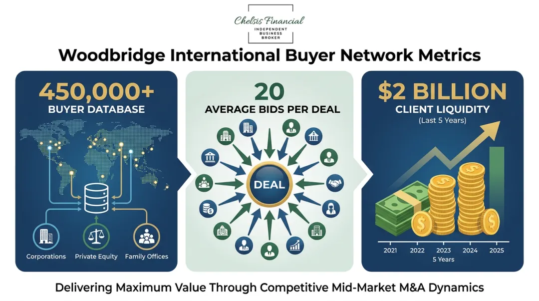 M&A advisory firm buyer network statistics showing bids per deal and total liquidity