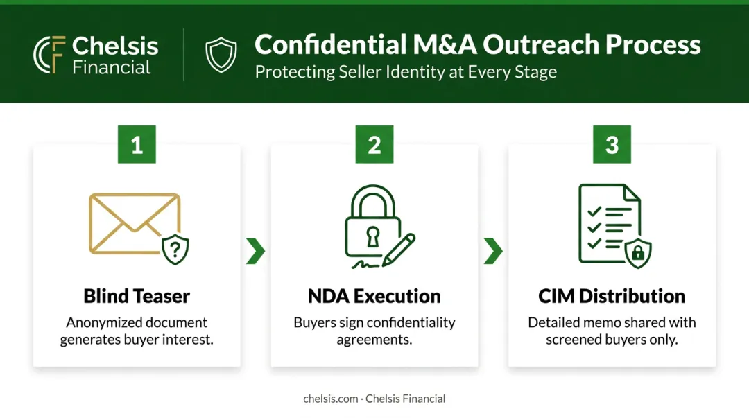 Three-step M&A confidential sale process from blind teaser to CIM distribution