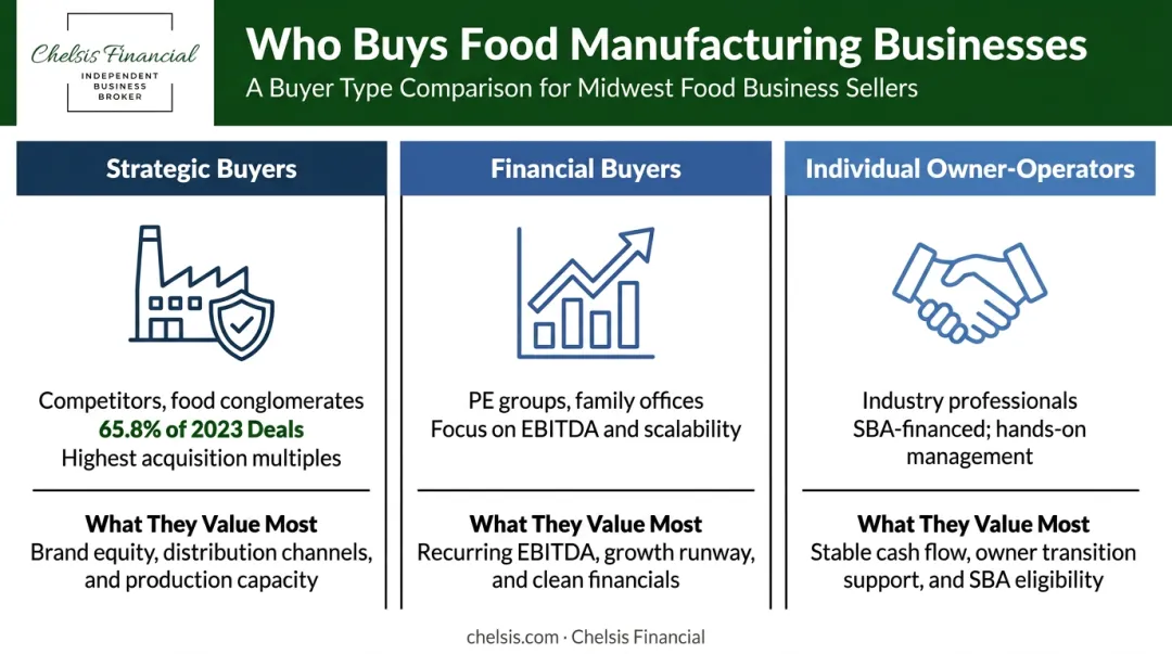 Three food manufacturing business buyer types strategic financial and individual operators compared