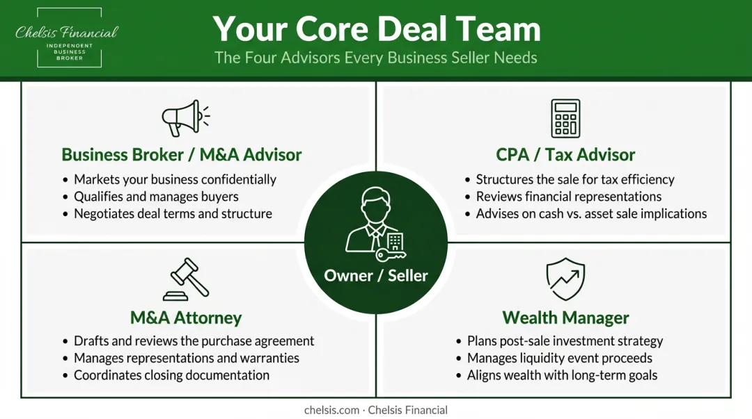 Business sale deal team four key advisor roles and responsibilities breakdown infographic