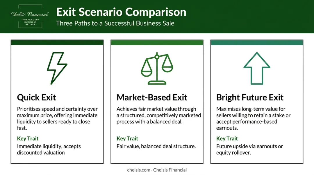 Three business exit scenario types quick market-based and bright future comparison