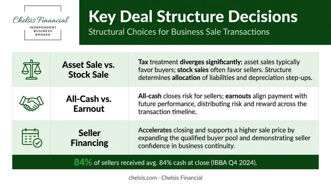 Business deal structure options asset sale earnout and seller financing comparison infographic